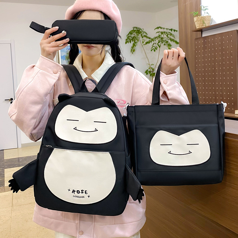 Ensemble de Sacs Snorlax 3Pcs Design Kawaii Noir – حقيبة مدرسية 3 قطع - Image 4
